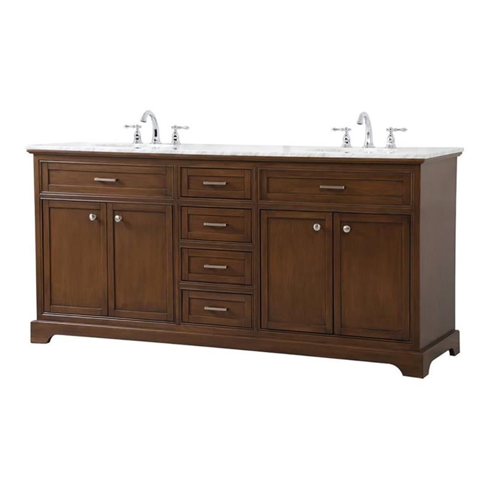 Teak and Carrara White Marble Double Bathroom Vanity with Porcelain Sinks