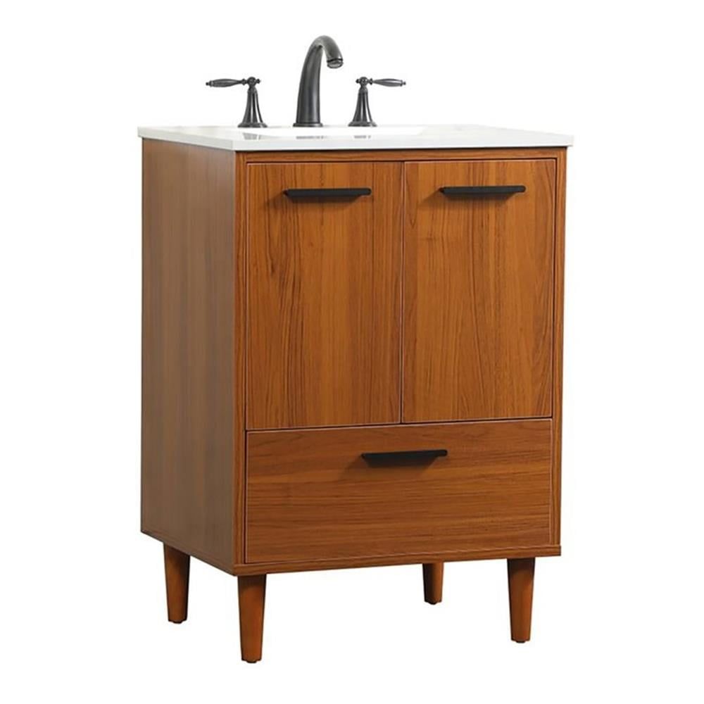 Contemporary Teak 24" Bathroom Vanity with Black Barpulls and Engineered Stone Countertop