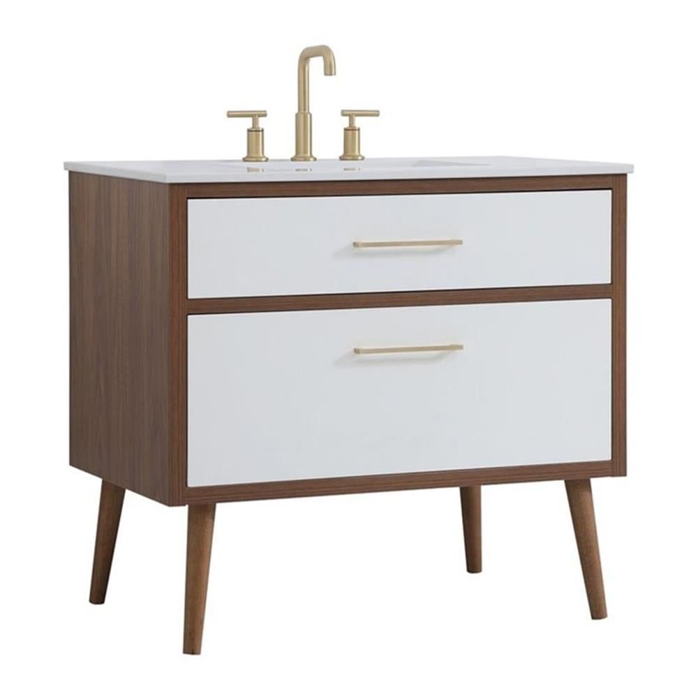 Boise 36" White and Walnut Midcentury Modern Bathroom Vanity