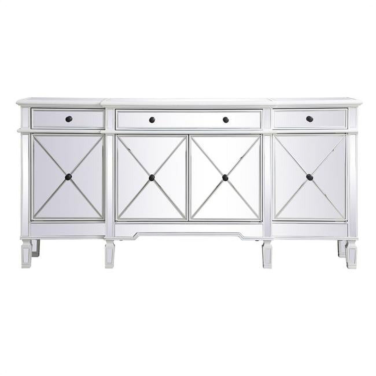 Antique White Mirrored Fir Wood Credenza with Black Knobs