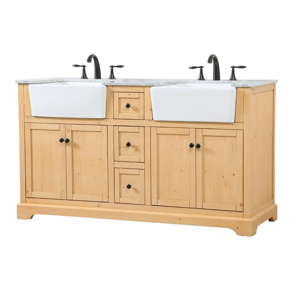 Natural Wood Double Sink Bathroom Vanity with Carrara Marble Top