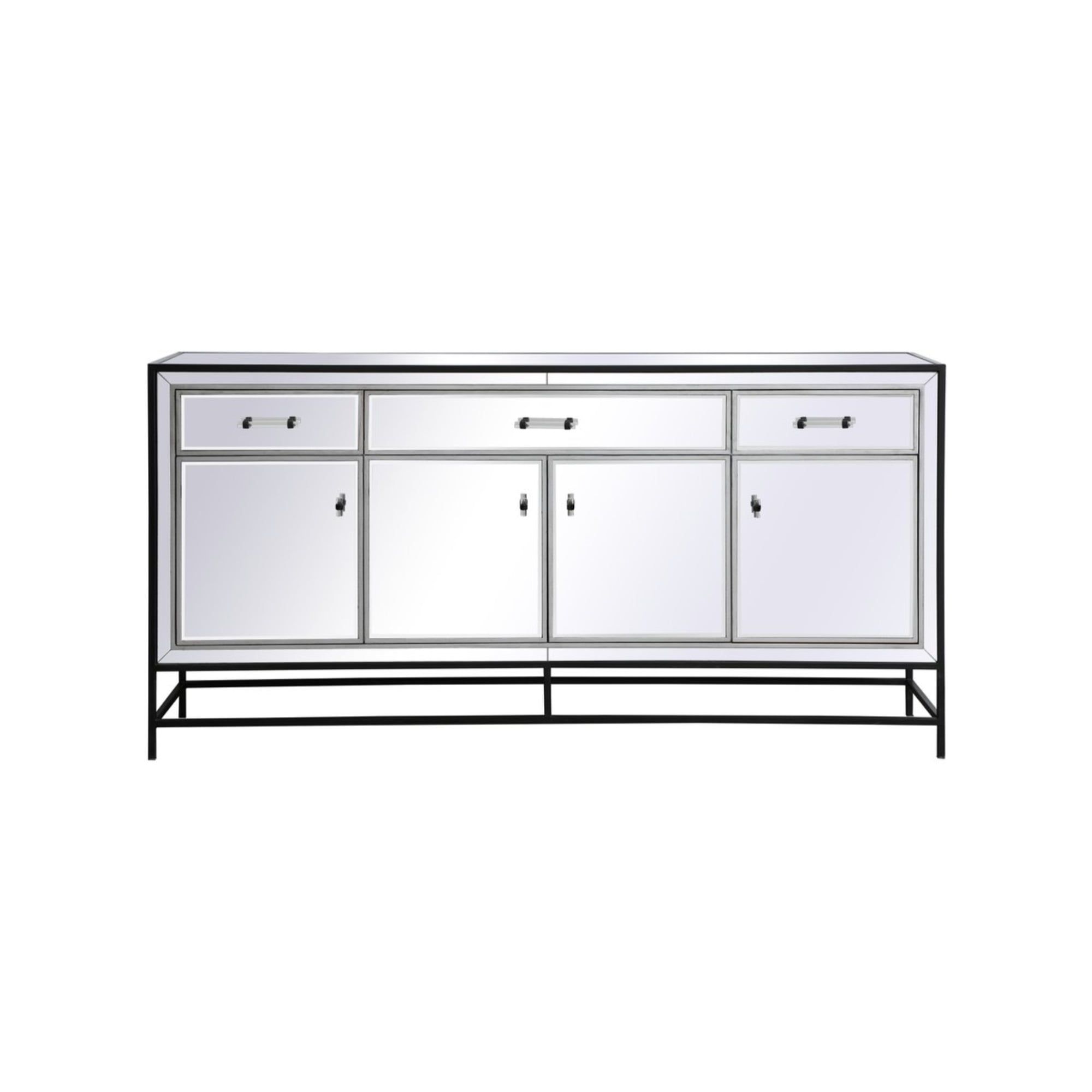 Elegant Black 72" Mirrored Credenza with Metal Frame