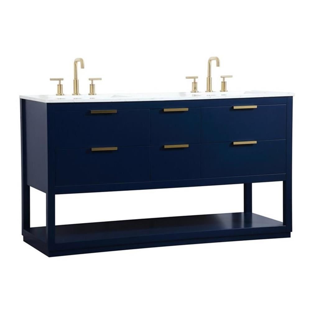 Blue Solid Wood and MDF Double Sink Bathroom Vanity with Gold Hardware