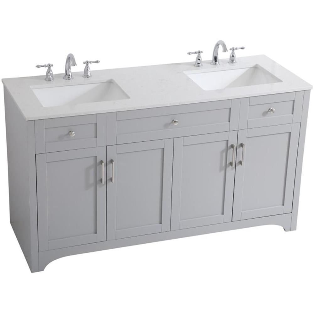 Gray 60" Double Sink Freestanding Bathroom Vanity with Quartz Top