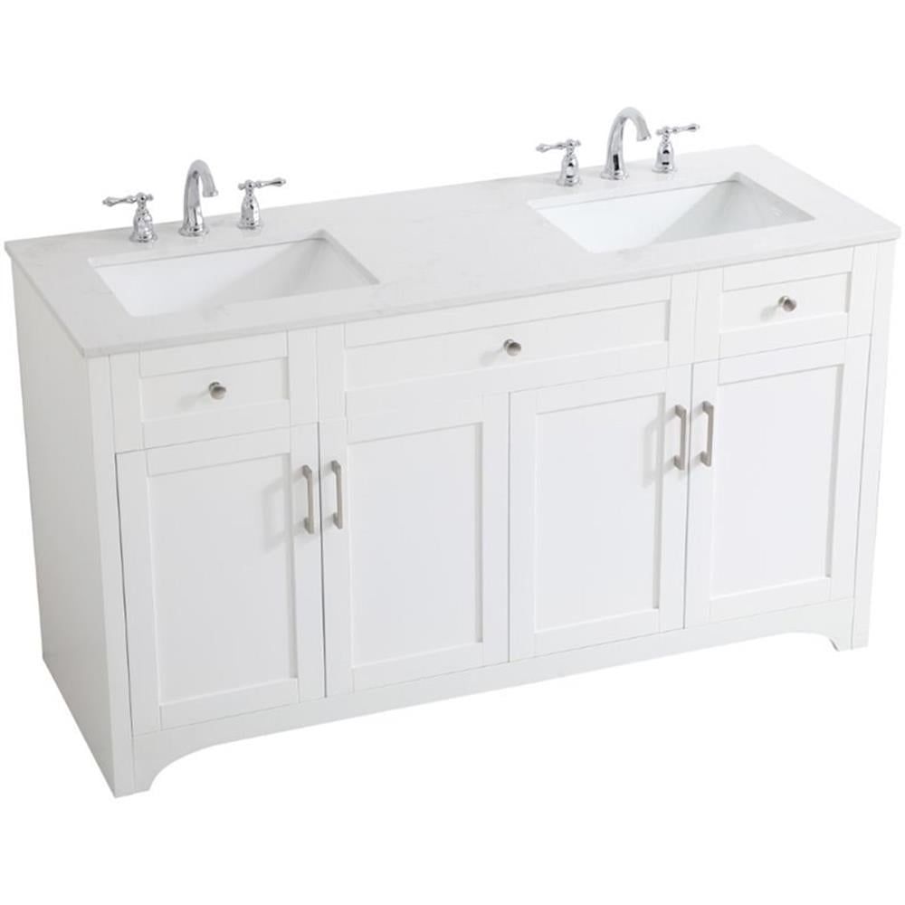 White 60" Double Quartz Top Freestanding Bathroom Vanity