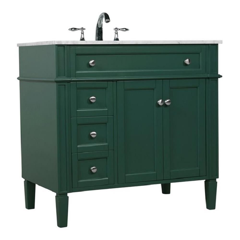 Green Solid Wood and Marble Single Bathroom Vanity with Porcelain Sink