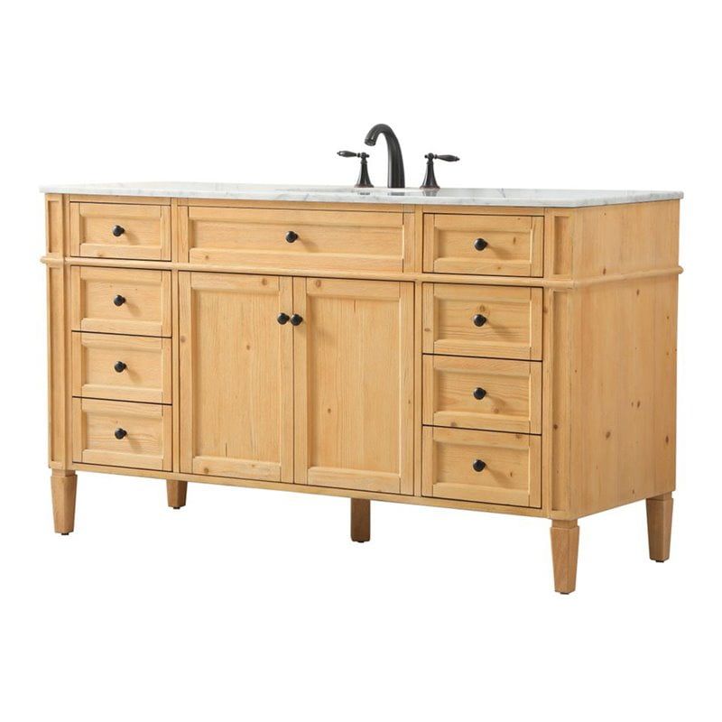 Natural Wood 60" Single Bathroom Vanity with Carrara Marble Top