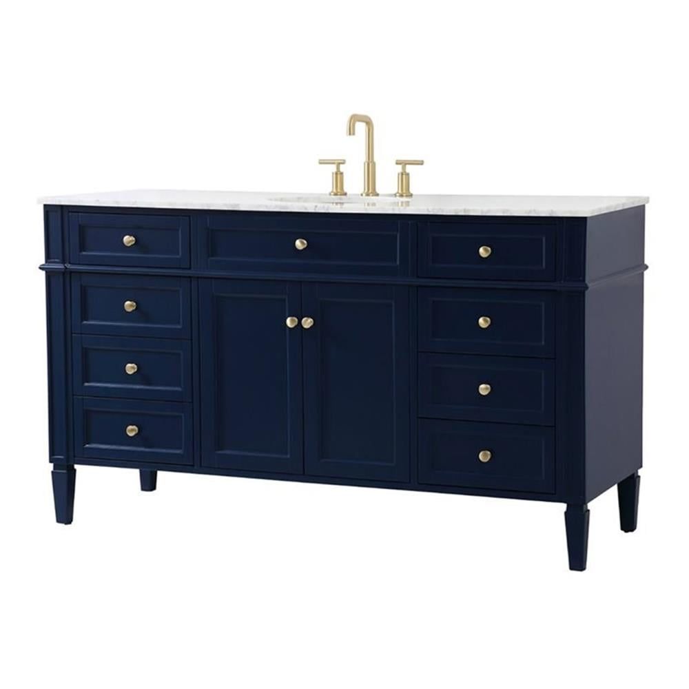 Blue Solid Wood MDF Marble Single Bathroom Vanity with Brushed Gold Hardware