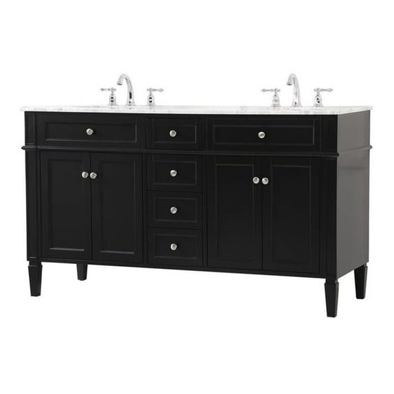 Black Solid Wood and MDF Double Bathroom Vanity with Carrara Marble Top