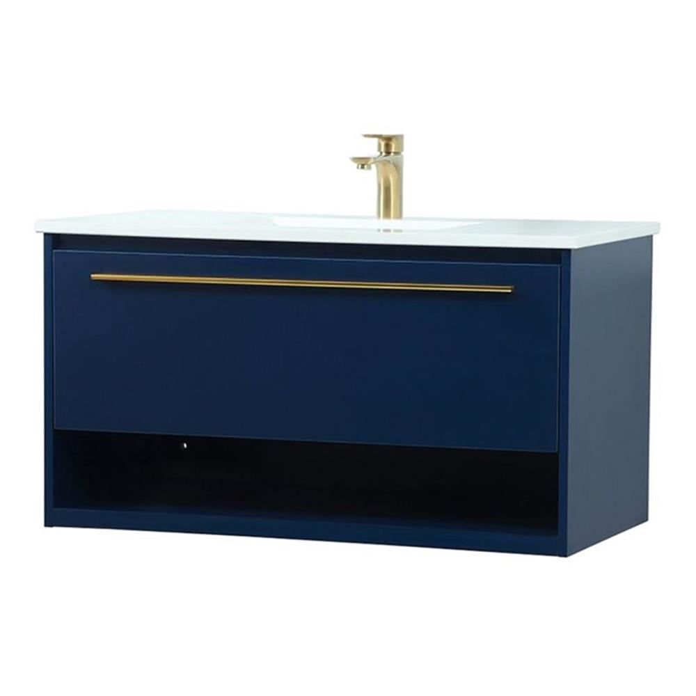 Blue 36" Wall-Mount Single Bathroom Vanity with Quartz Top