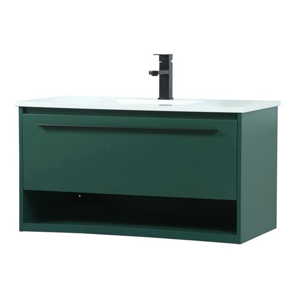 Green 36" Wall-Mount Single Bathroom Vanity with Quartz Top