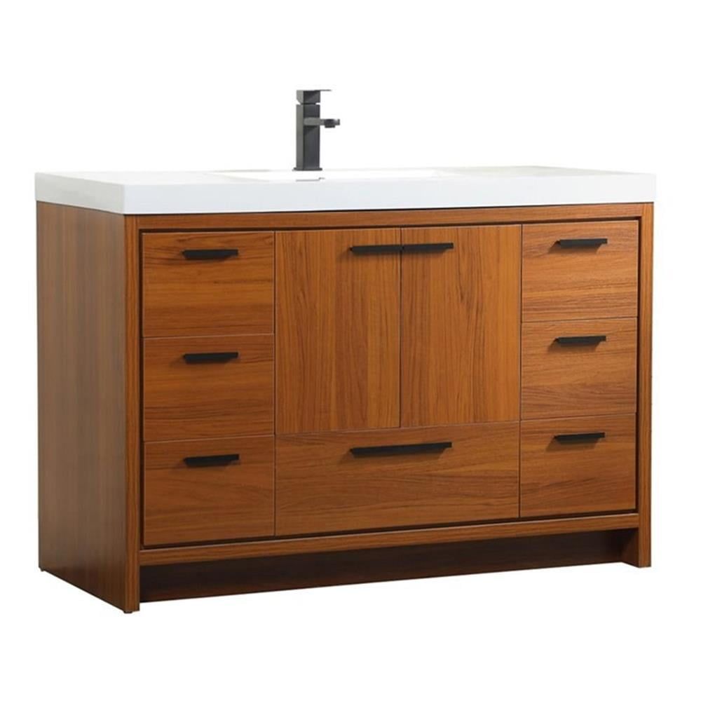 Teak and White Resin Single Bathroom Vanity with Black Hardware
