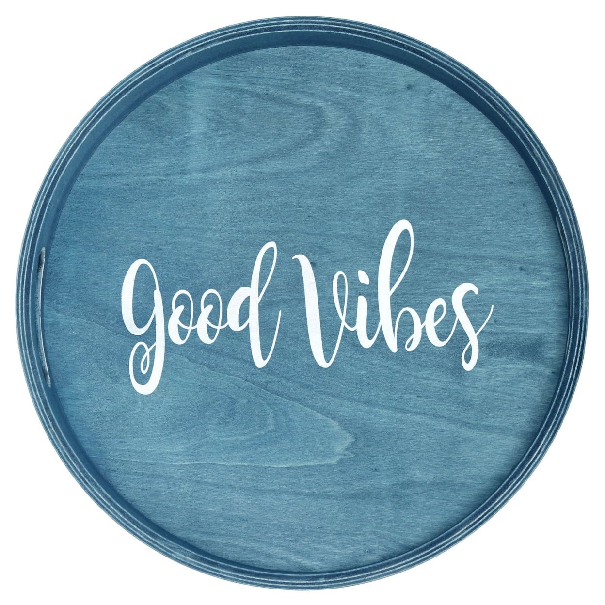 Good Vibes 14'' Blue Wash Round Wood Serving Tray with Handles