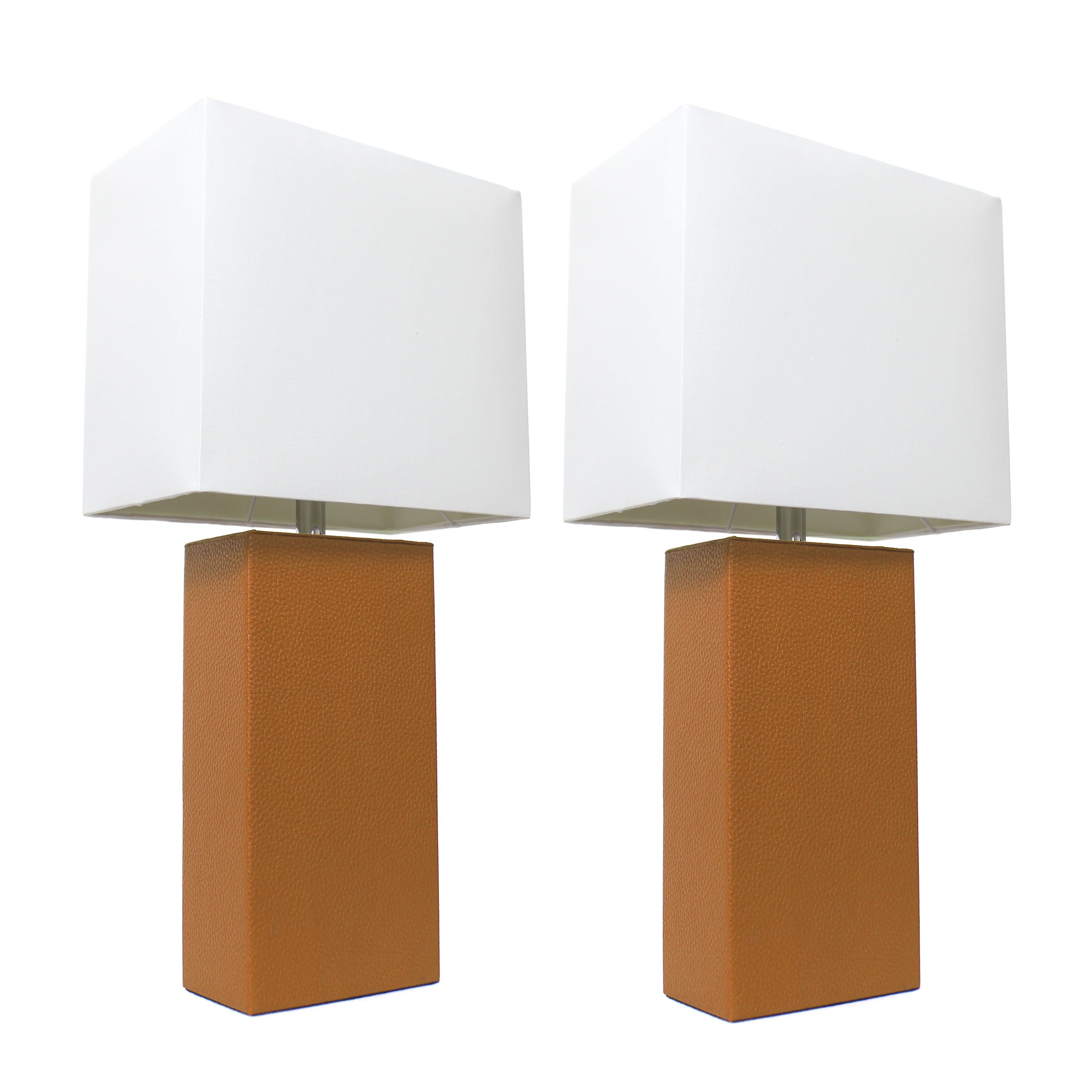 Tan Leather Table Lamp Set with White Shades, 21-inch