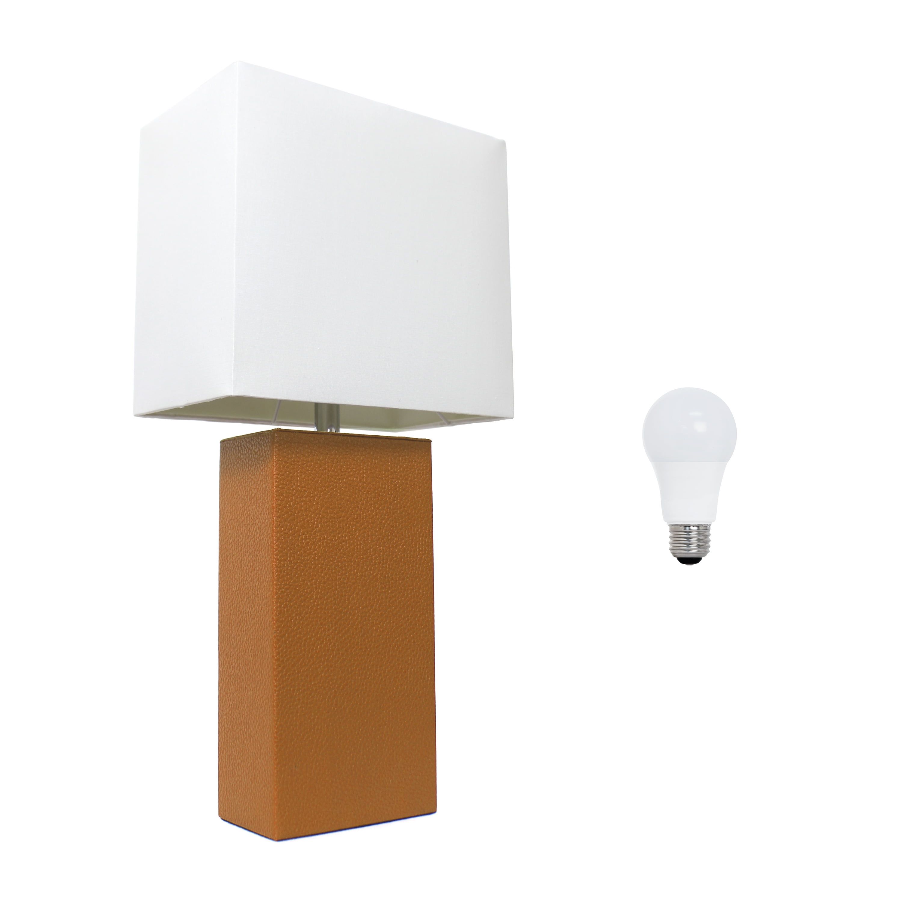 Tan Leather Wrapped Table Lamp with White Shade and LED Bulb