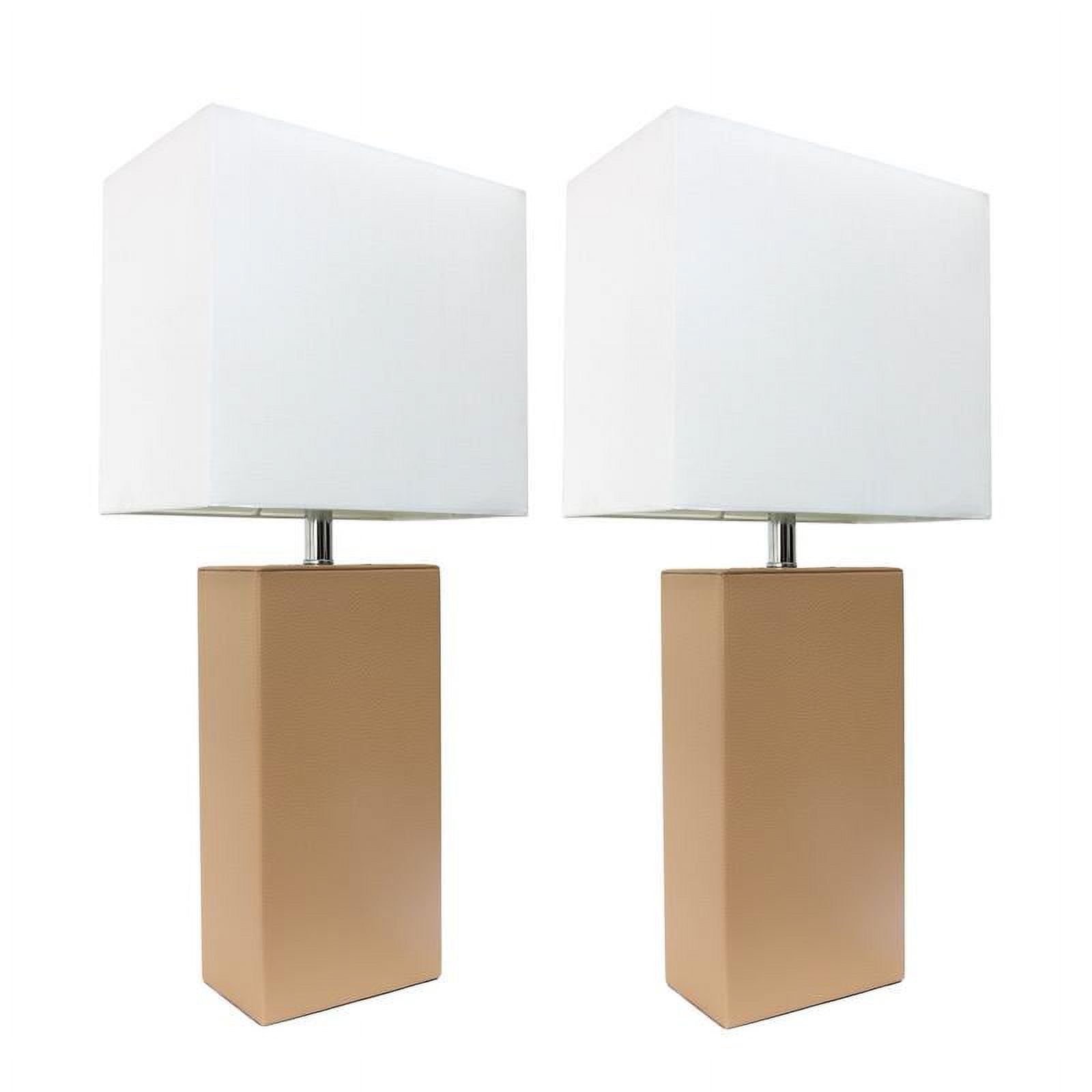 Beige Leather Table Lamps with White Fabric Shades, Set of 2