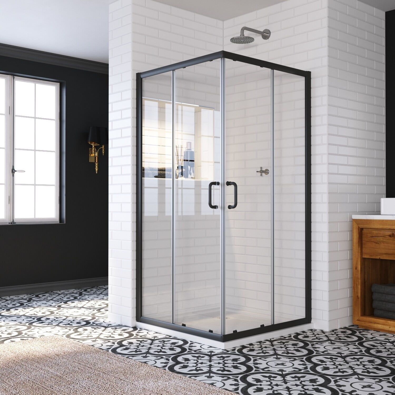 Elegant Black Matte Double Sliding Shower Enclosure with Base