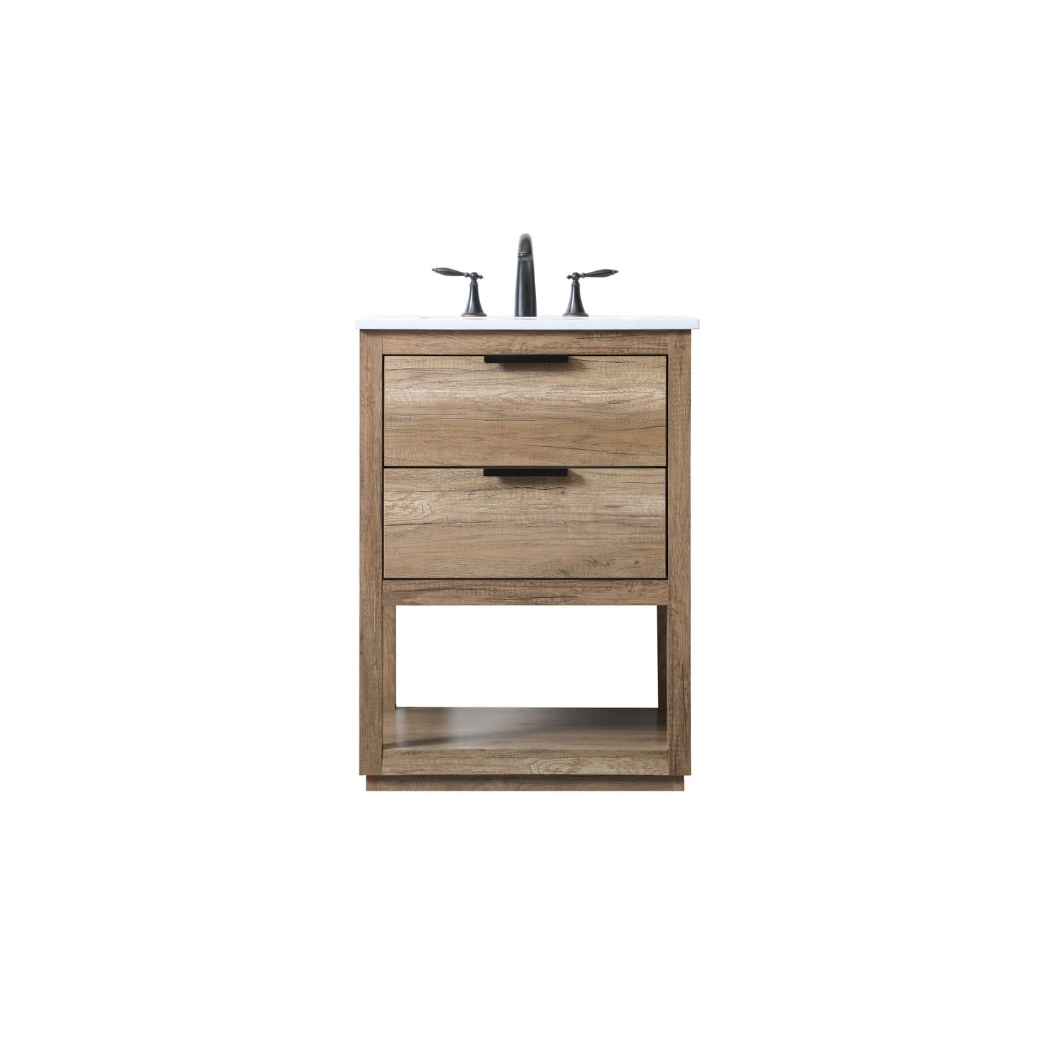 Natural Oak Freestanding Bathroom Vanity with Marble Top and Porcelain Sink