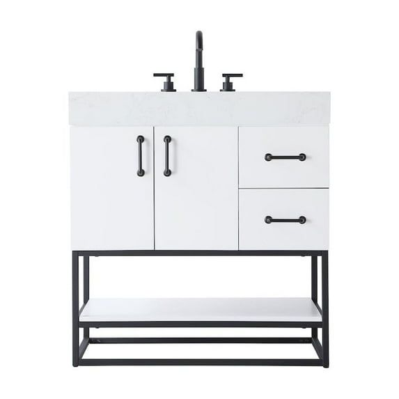 White Engineered Marble Single Bathroom Vanity with Matte Black Hardware