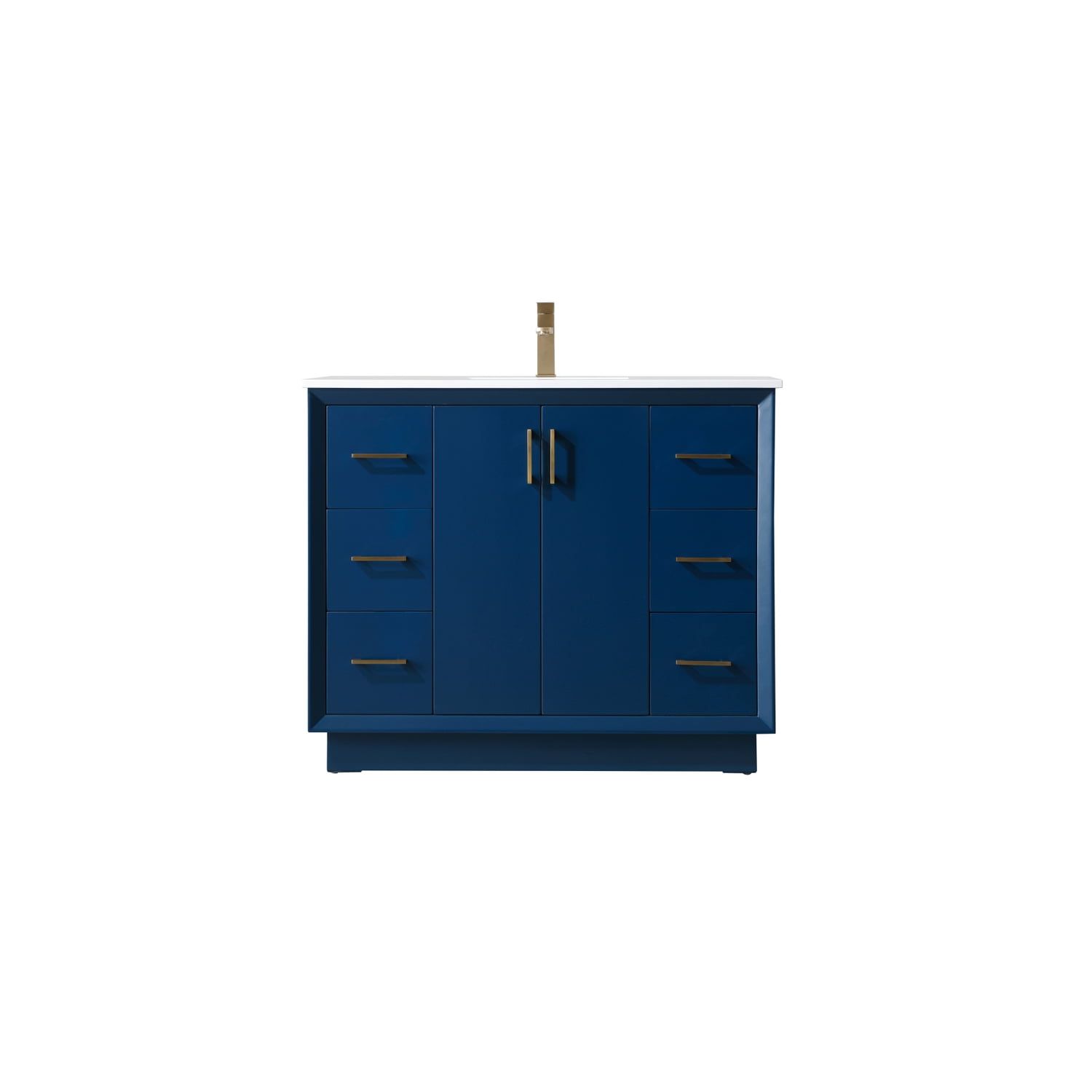 Blue Freestanding Vanity with Gold Hardware and Marble Top