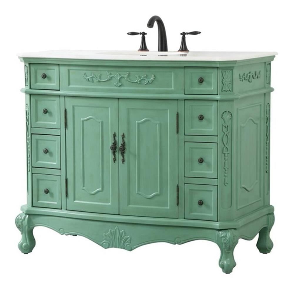 Vintage Mint Solid Wood Single Bathroom Vanity with Marble Top