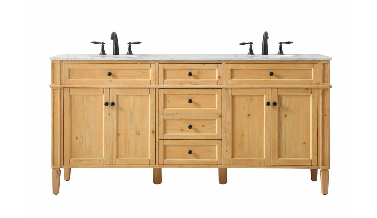 72" Natural Wood Double Bathroom Vanity with Carrara Marble Top