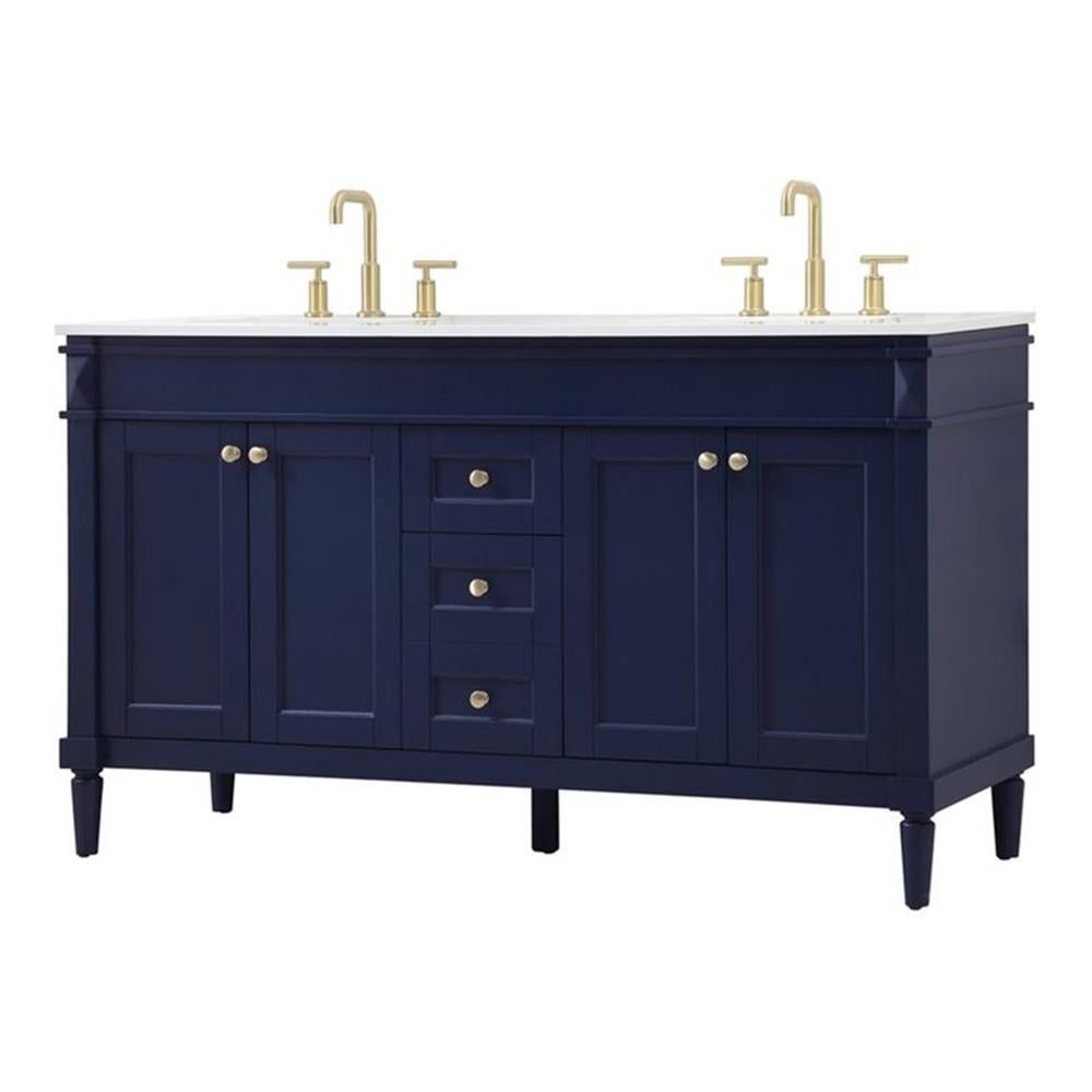 Blue and Gold 60" Double Freestanding Bathroom Vanity with Engineered Marble Top