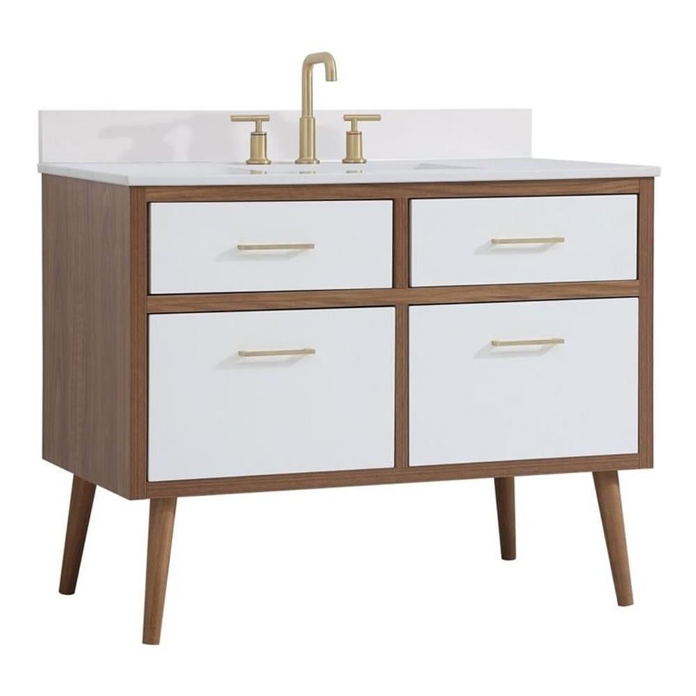 42" White MDF Bathroom Vanity with Gold Hardware and Engineered Marble Countertop