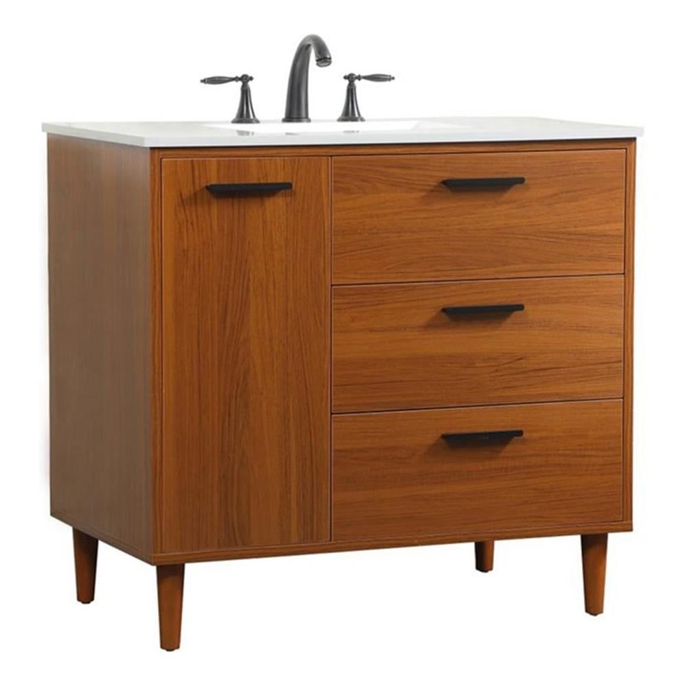 Teak Finish 36" Modern Bathroom Vanity with Engineered Stone Top