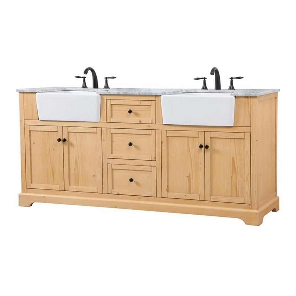 Natural Wood Double Bathroom Vanity with Carrara Marble Top