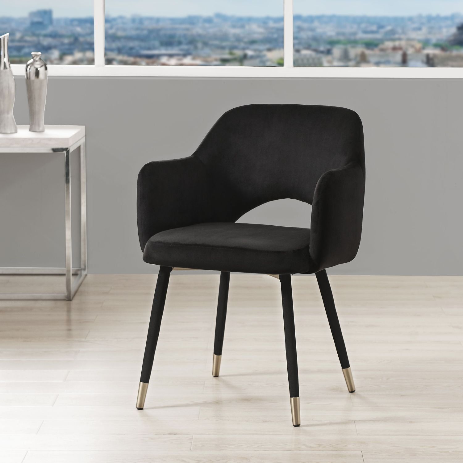 Black Velvet & Gold Barrel Accent Chair with Wood Legs