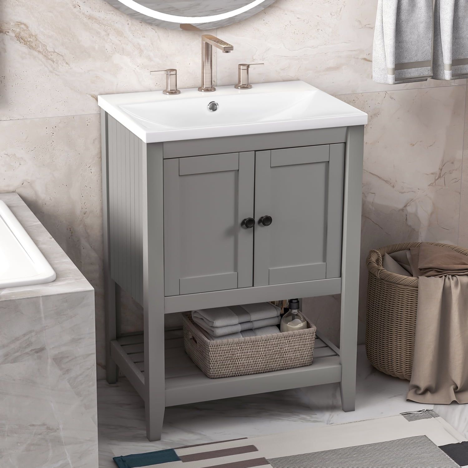 Elegant Grey 24 Inch Bathroom Vanity with Ceramic Sink