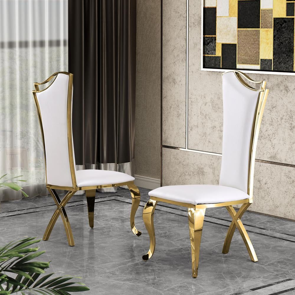 Luxe White Faux Leather Side Chairs with Gold Metal Base (Set of 2)