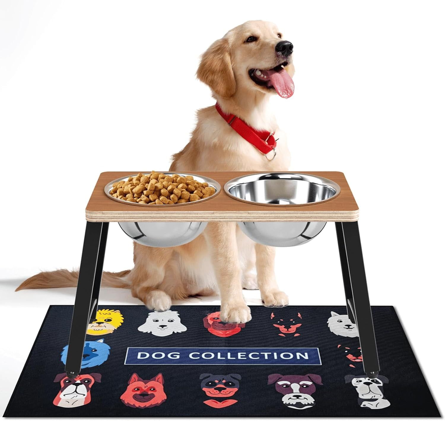 Elevated Dog Bowls with Spill Proof Mat and Stainless Steel Bowls