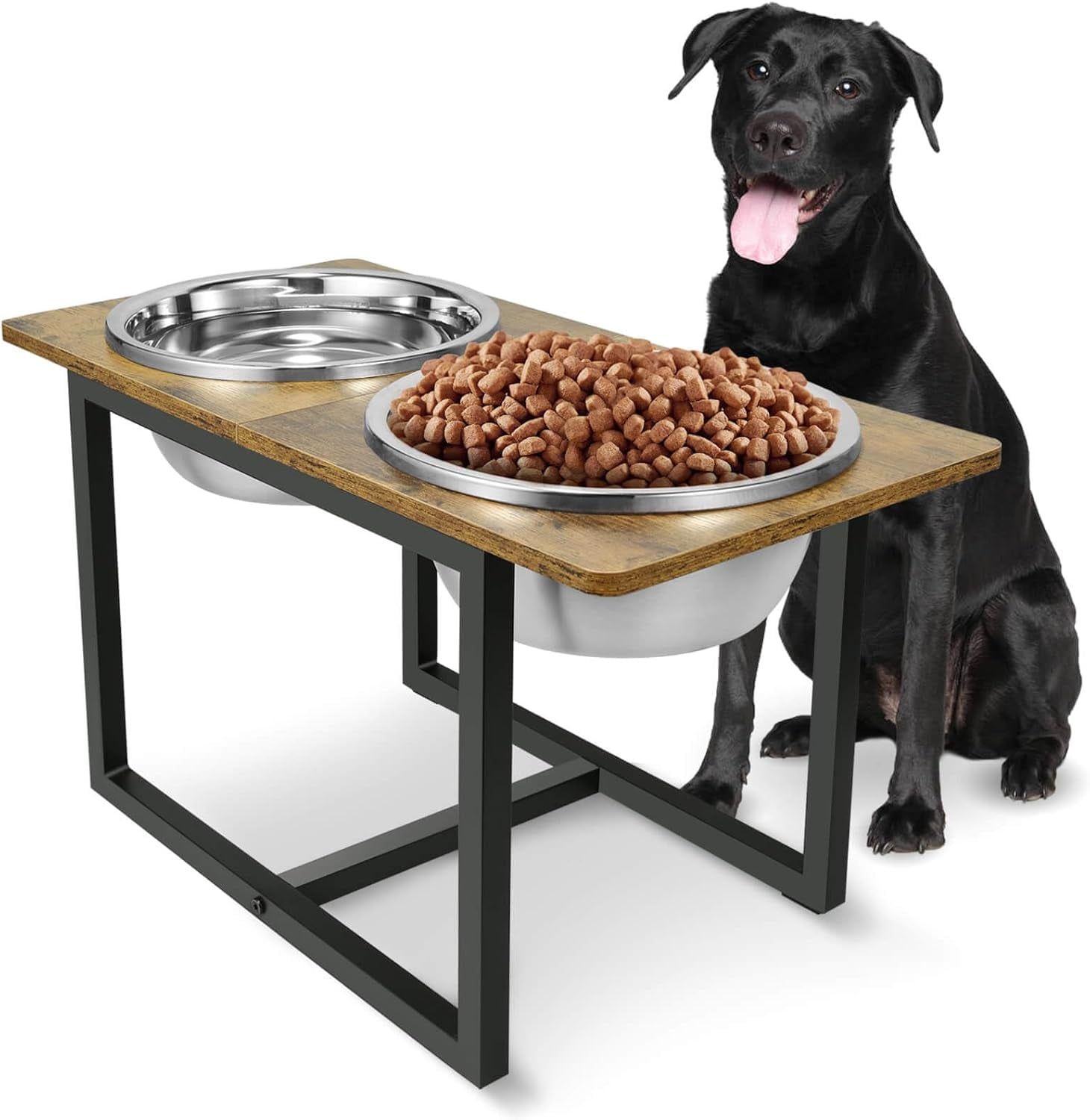 Rustic Brown Elevated Dog Bowl Stand with Stainless Steel Bowls