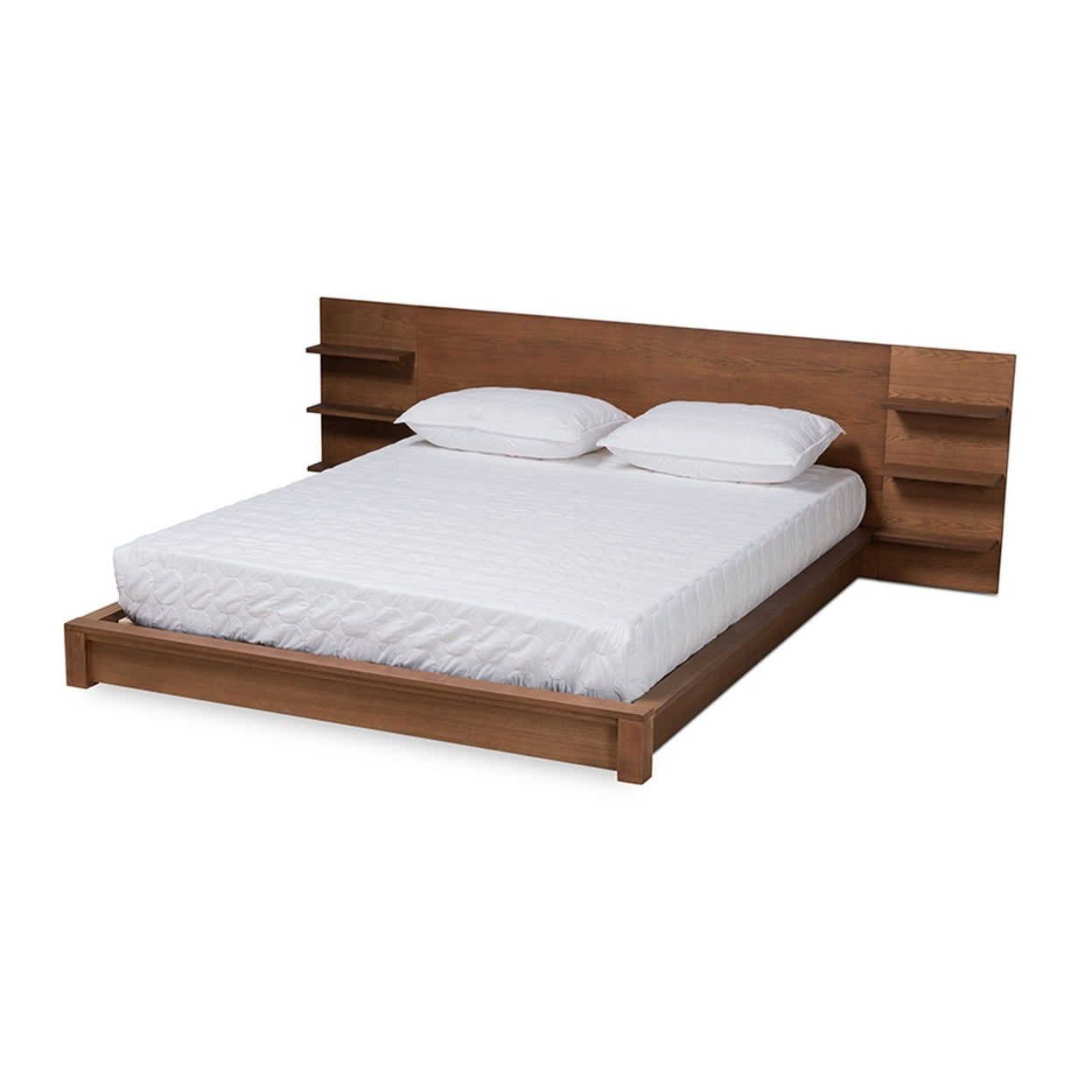 Walnut Brown Wood Queen Platform Storage Bed with Shelves