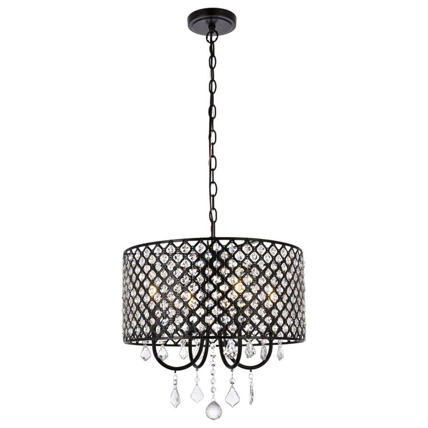 Elara Black Iron and Crystal Drum Pendant Light