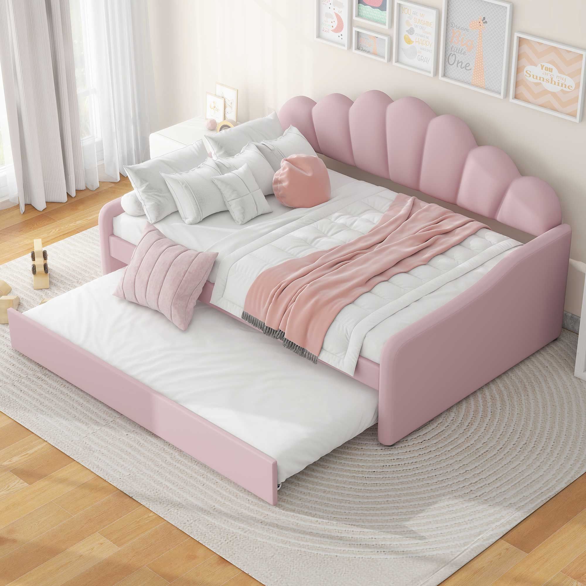 Pink Velvet Upholstered Full Daybed with Trundle and Tufted Backrest