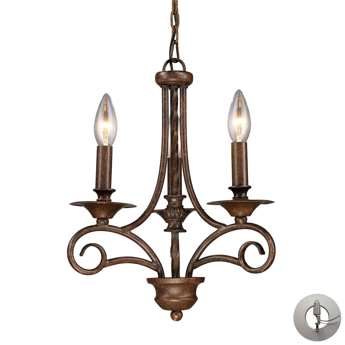 Antique Bronze Mini 3-Light Chandelier with Recessed Light Adapter Kit