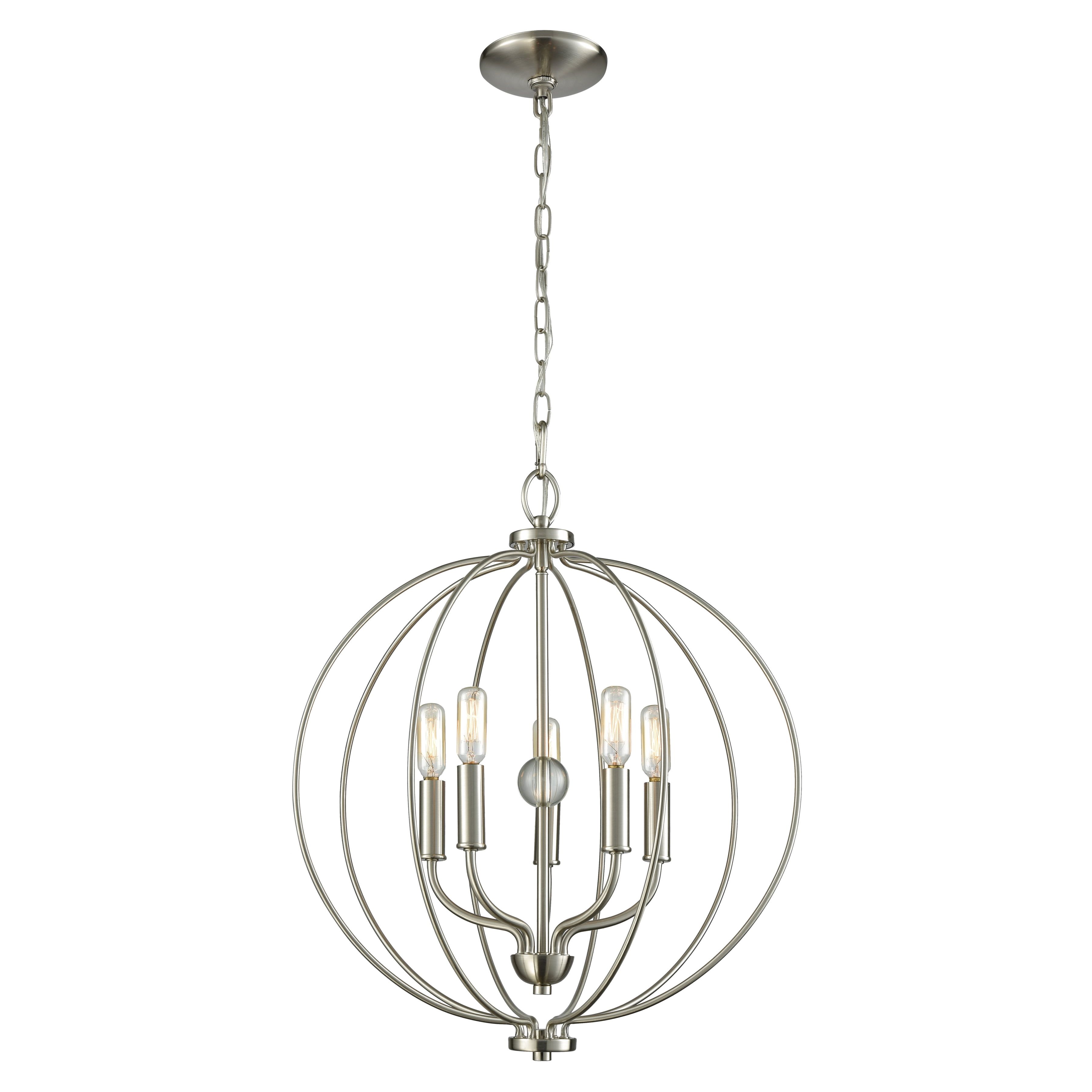 Brushed Nickel Mini Cage 5-Light Chandelier with Clear Glass Orb