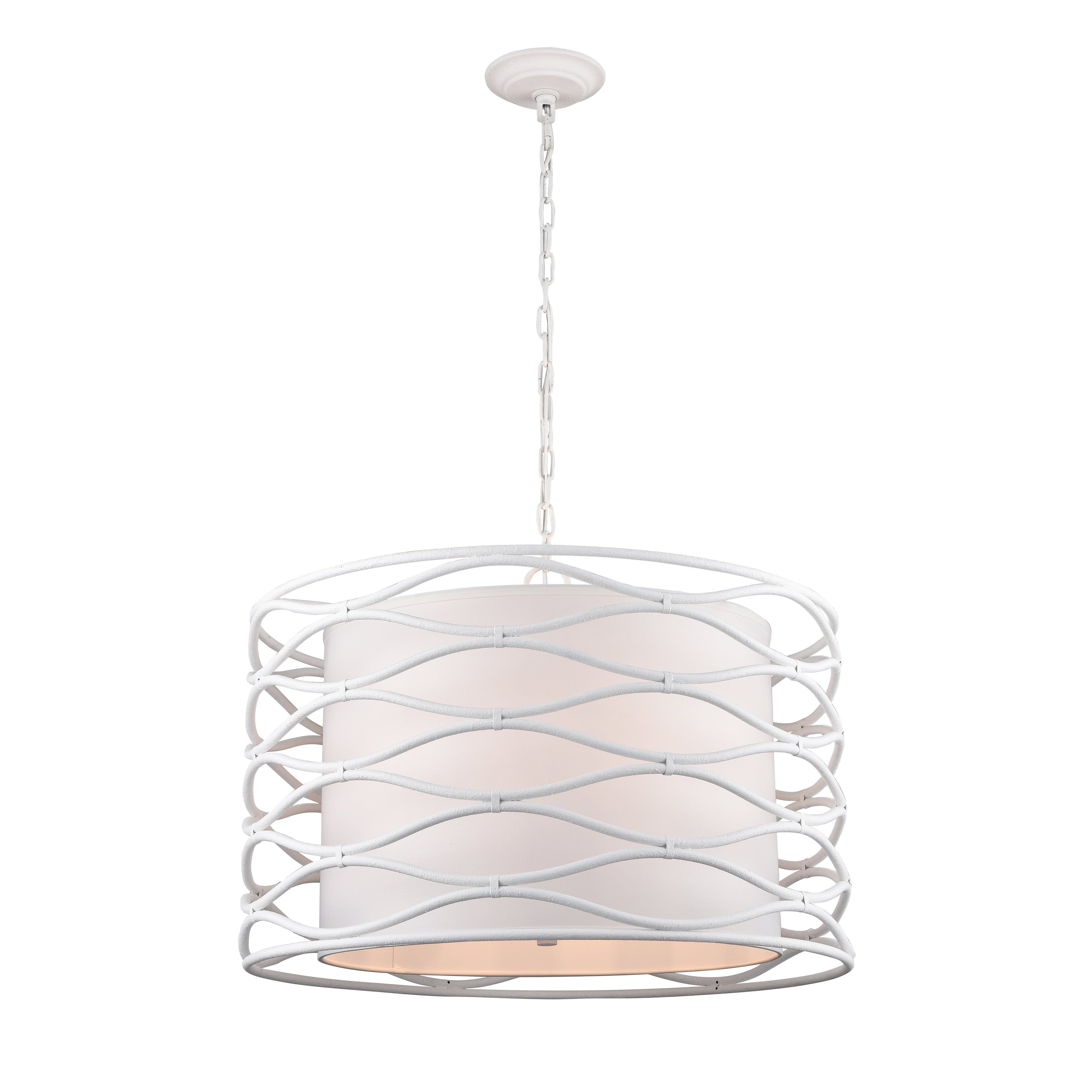 White Cotton Drum Pendant Light with Metal Lattice