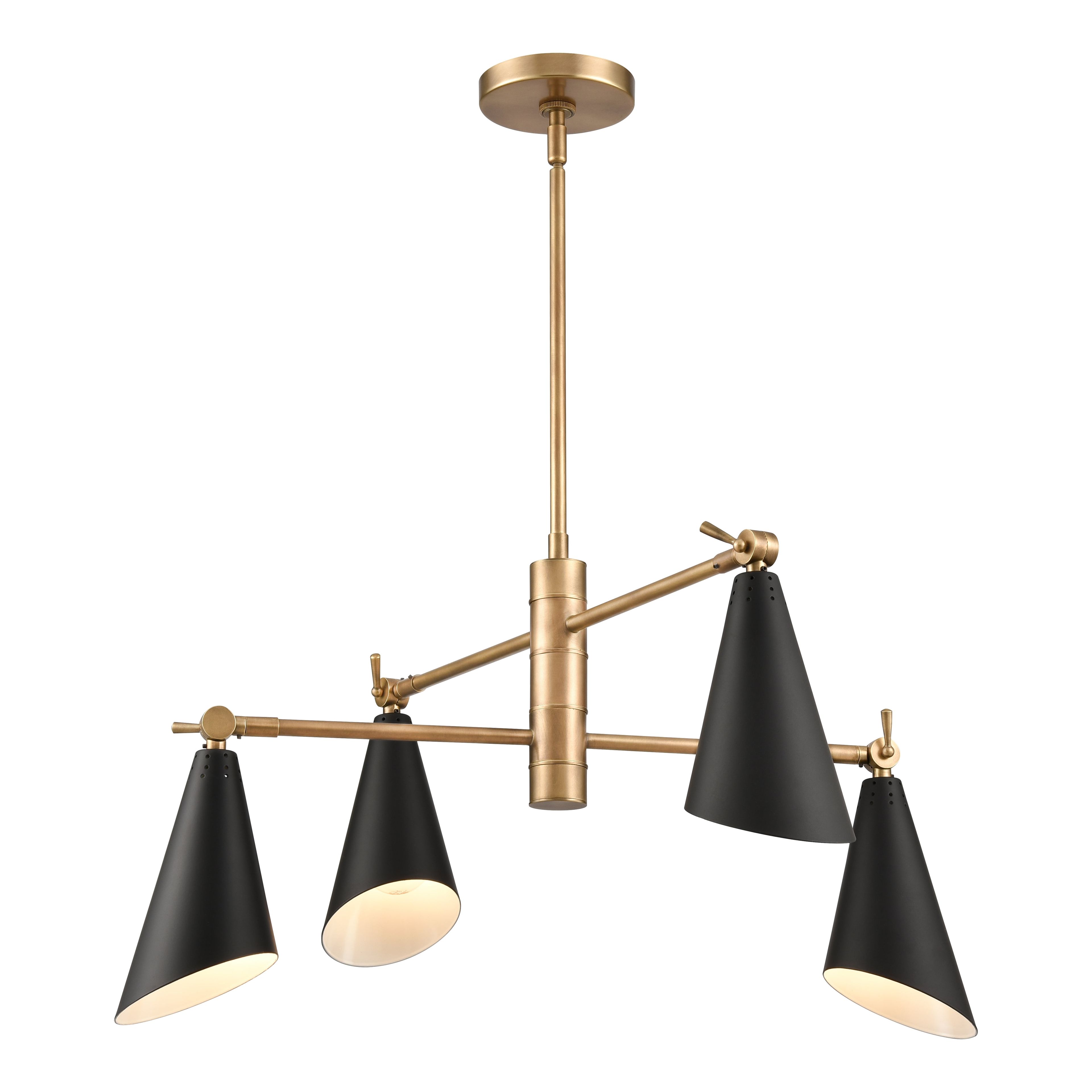 Natural Brass and Matte Black 4-Light Metal Chandelier