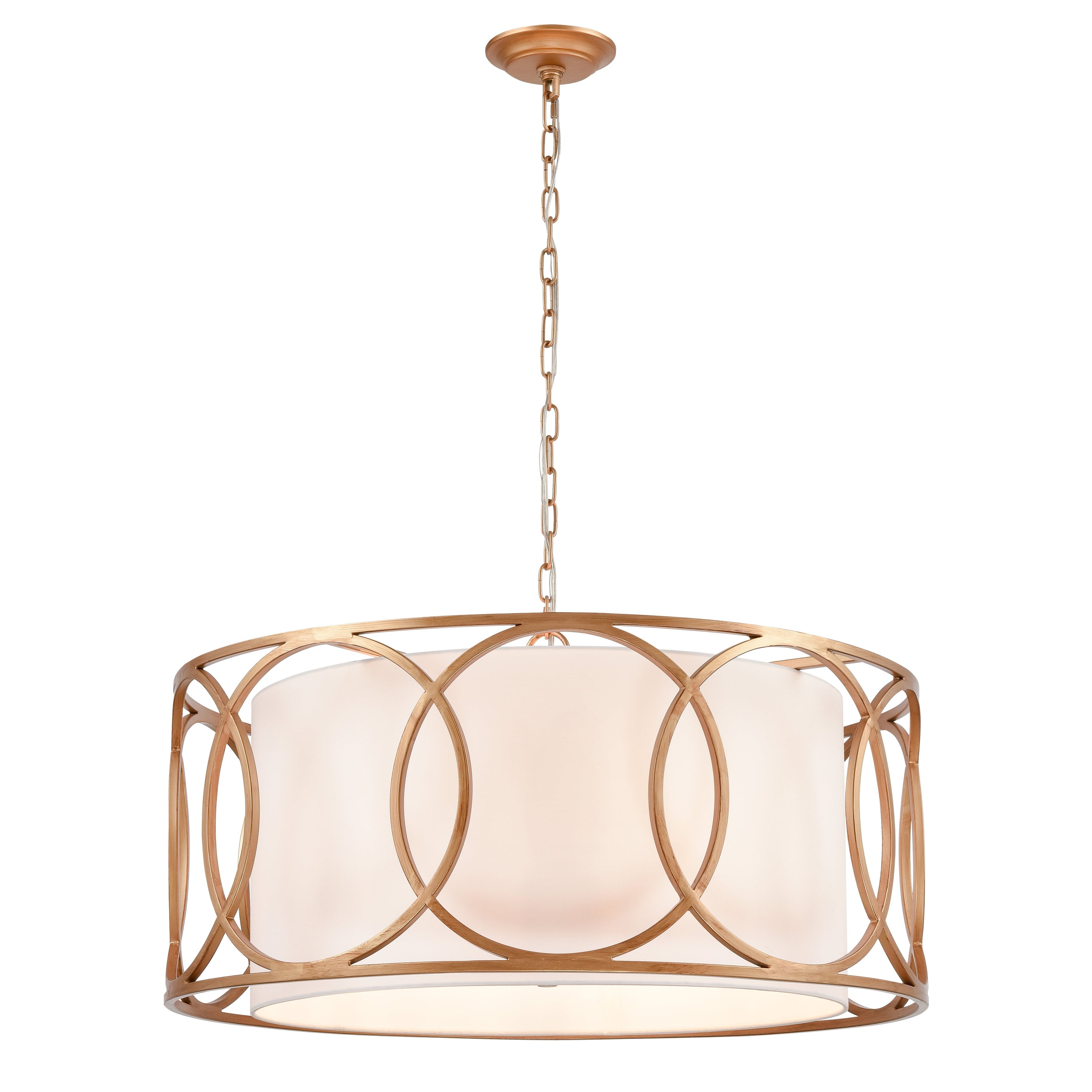 Matte Gold 28-Inch Drum Chandelier with White Fabric Shade