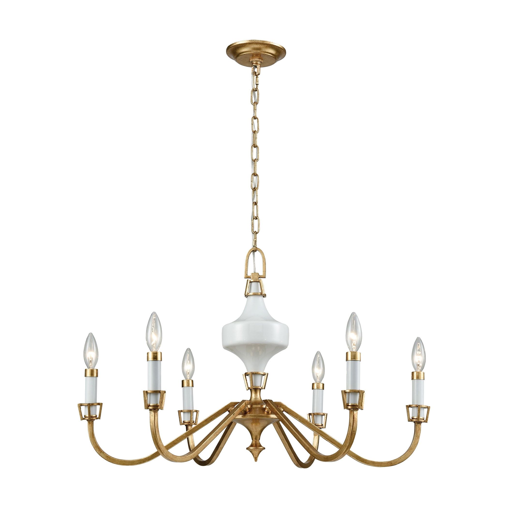 Antique Gold Leaf 6-Light Chandelier with White Ceramic Accents