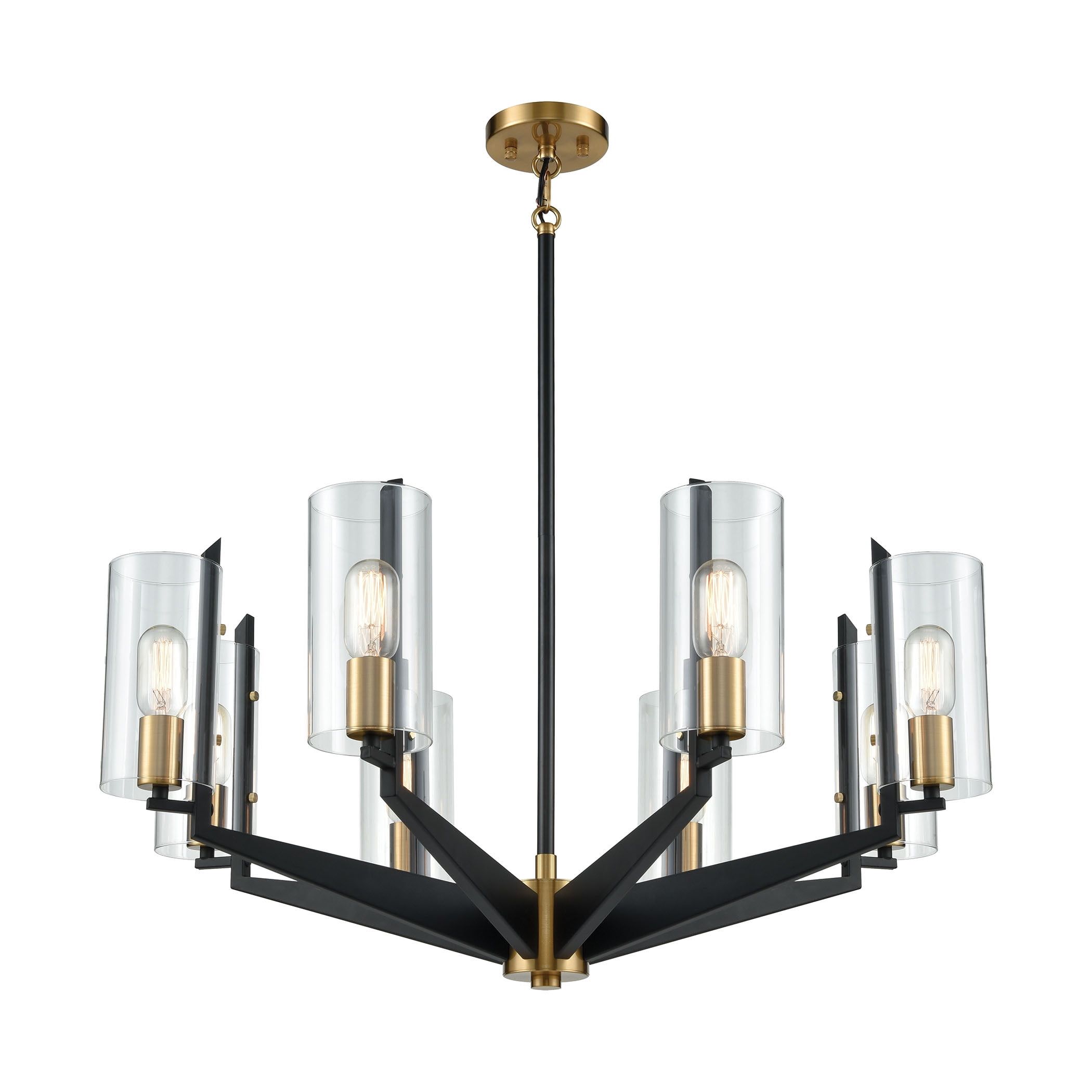 Elegant 8-Light Matte Black and Satin Brass Chandelier with Clear Glass