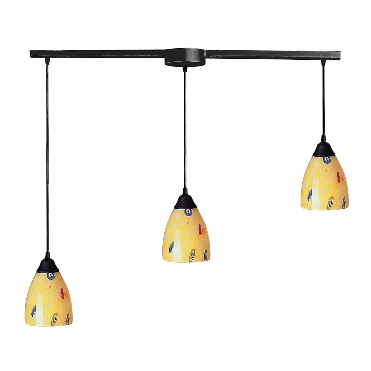 Transitional 3-Light Dark Rust Island Pendant with Yellow Blaze Glass