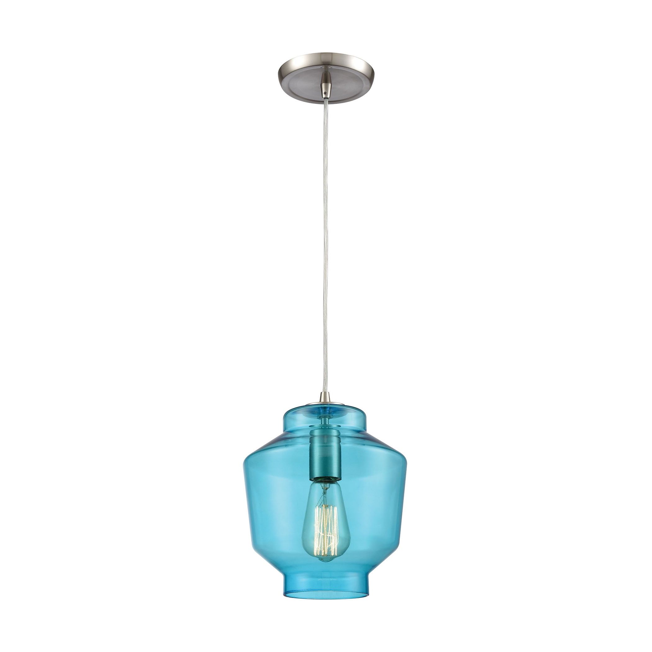 Aqua Blown Glass Mini Pendant with Satin Nickel Finish