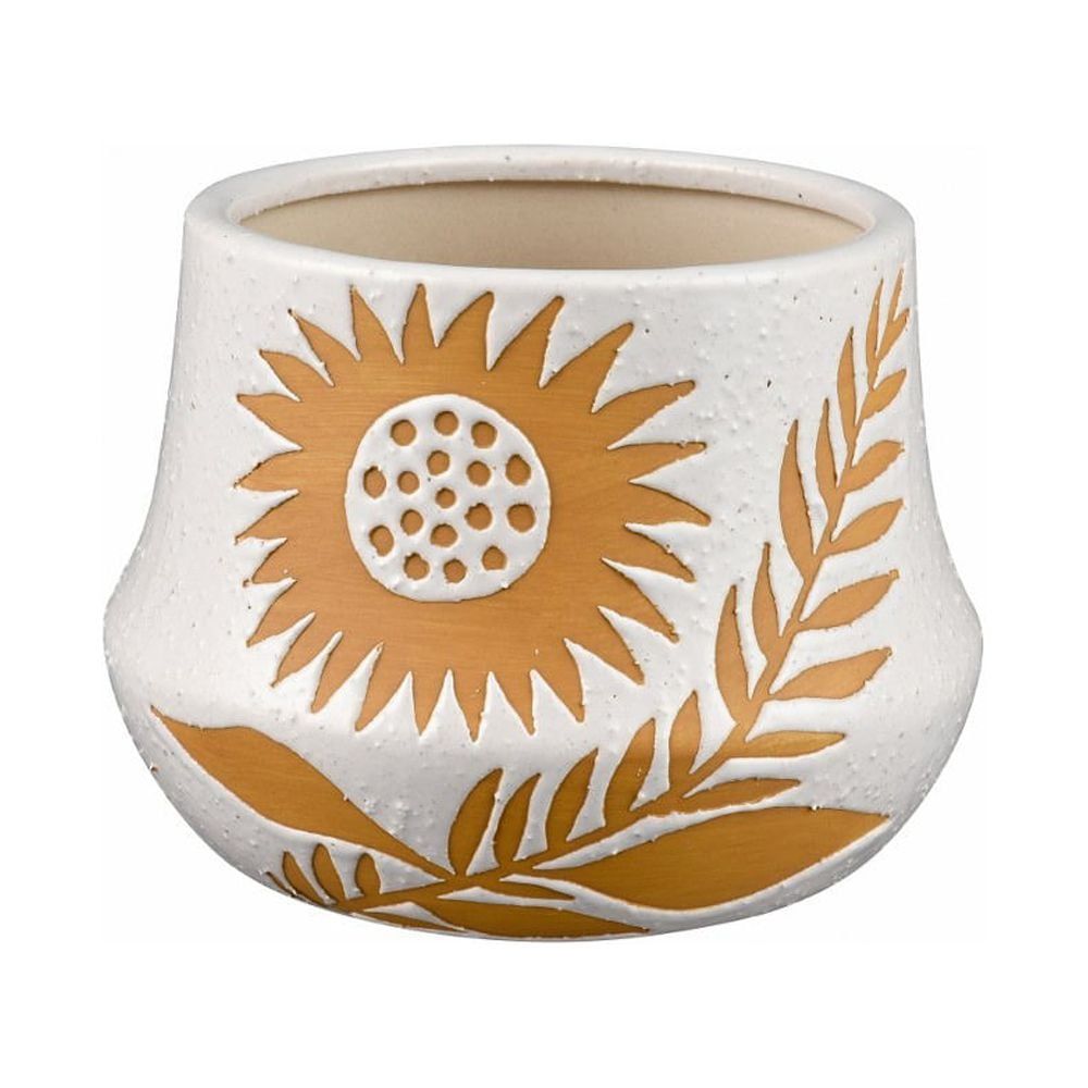 White and Ochre Ceramic Sunflower Pattern Vase