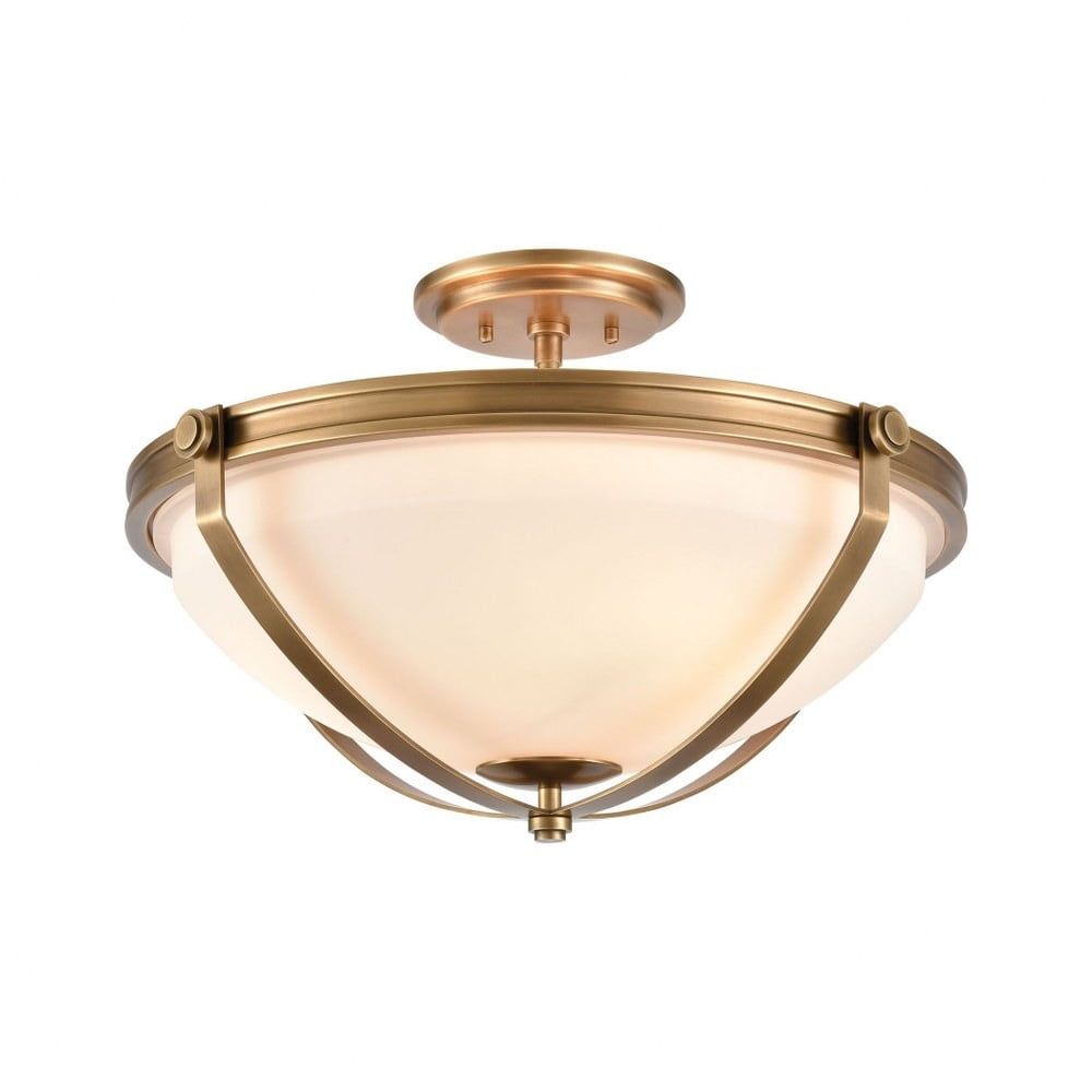 Transitional 3-Light Semi-Flush Mount in Natural Brass with Frosted Glass Bowl