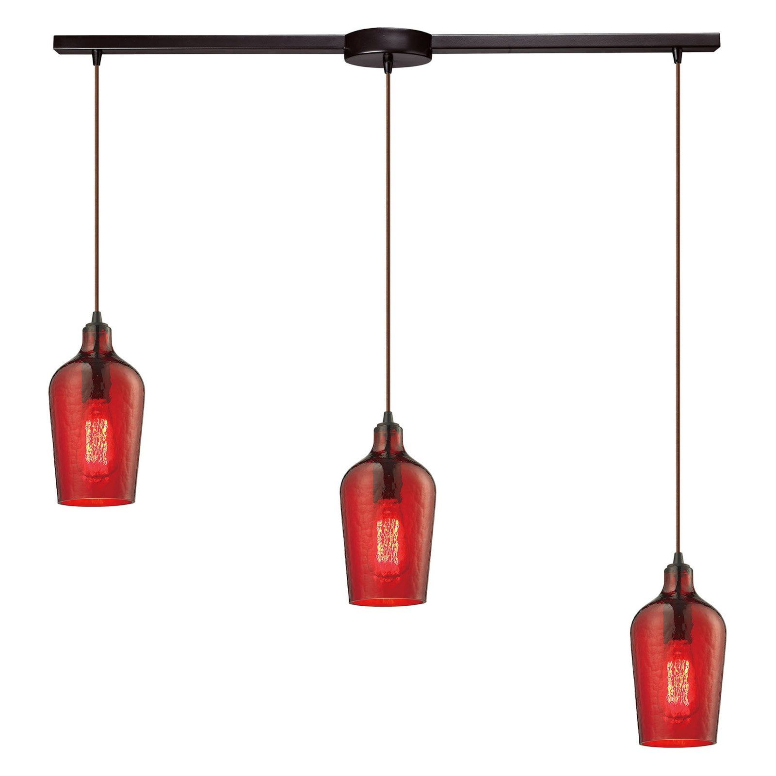 Hammered Red Glass 3-Light Island Pendant in Oil Rubbed Bronze